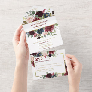 Invitation Tout En Un Marine Blue Gold Boho RSVP All in One Wedding Invi