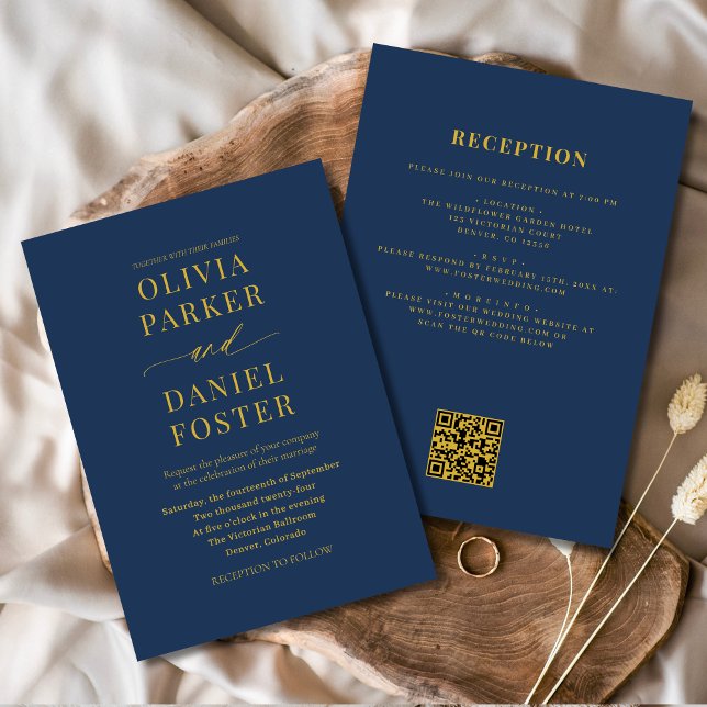 Invitation Tout en un Marine Blue Gold QR Code Mariage (Créateur téléchargé)