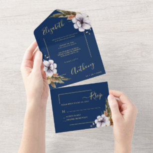 Invitation Tout En Un Marine Blue Gold Vert Aquarelle Mariage floral