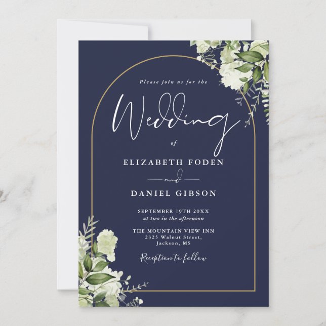 Invitation Tout en un Marine Blue Greenery Arch Mariage photo (Devant)