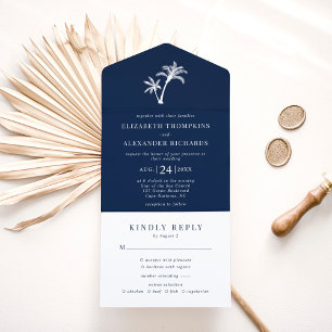Invitation Tout En Un Marine Blue Palm Tree Plage tropicale Mariage