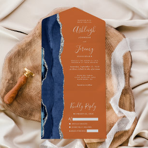 Invitation Tout En Un Marine Blue Silver Agate orange Mariage