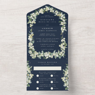 Invitation Tout En Un Marine Blue Snowberry+Eucalyptus Mariage d'hiver
