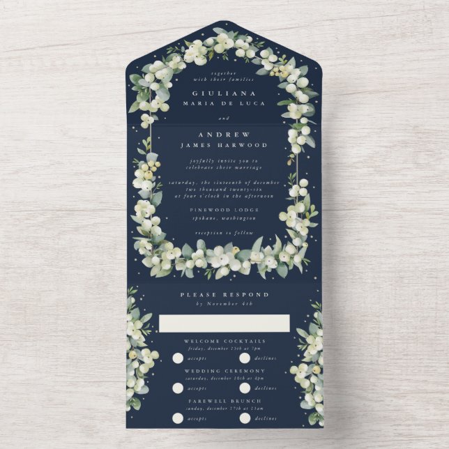 Invitation Tout En Un Marine Blue Snowberry+Eucalyptus Mariage d'hiver (À l'intérieur)