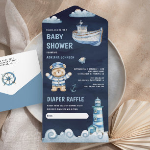 Invitation Tout En Un Marine Blue Teddy Bear Baby shower nautique
