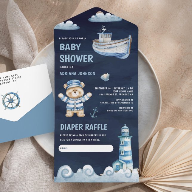 Invitation Tout En Un Marine Blue Teddy Bear Baby shower nautique (Créateur téléchargé)