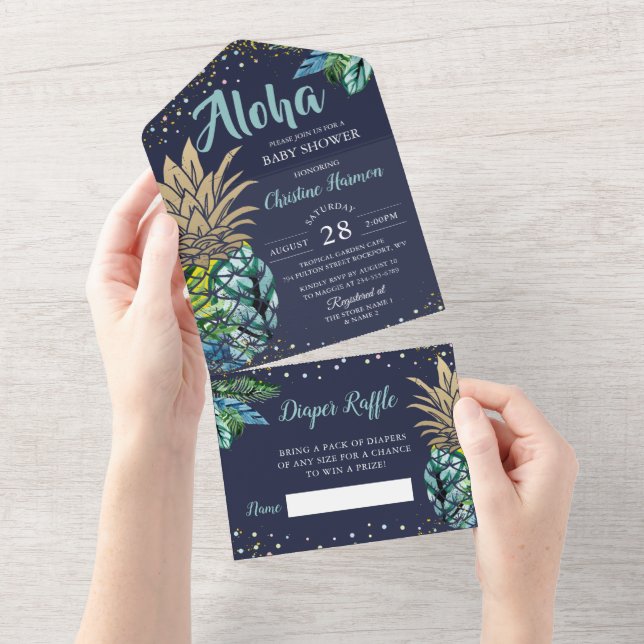 Invitation Tout En Un Marine Blue Tropical Beach Baby shower d'ananas To (Déchirure)