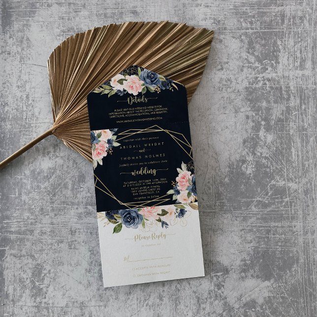 Invitation Tout En Un Marine Blush Floral Gold Mariage géométrique (Créateur téléchargé)