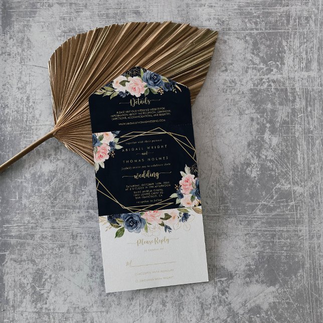 Invitation Tout En Un Marine Blush Floral Gold Mariage géométrique (Créateur téléchargé)