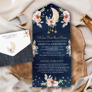 Invitation Tout En Un Marine Boho Bourgogne Floral Stars Baby shower Lun