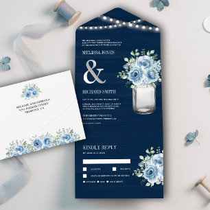 Invitation Tout En Un Marine Bois Mason Jar Dusty Blue Floral Mariage