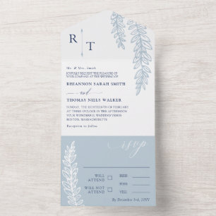 Invitation Tout En Un Marine & Dove Blue Greenery Mariage monogramme