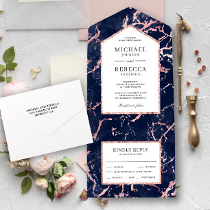 Invitation Tout En Un Marine Marbre bleu Faux Rose Gold Foil Mariage