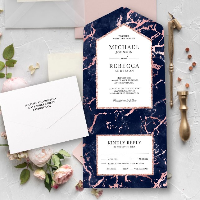 Invitation Tout En Un Marine Marbre bleu Faux Rose Gold Foil Mariage (Créateur téléchargé)