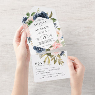 Invitation Tout En Un Marine Mariage bleu & rose Fleurs tout en un