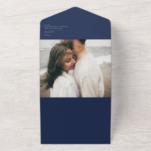 Invitation Tout En Un Marine minimaliste moderne bleu   Photo Argent