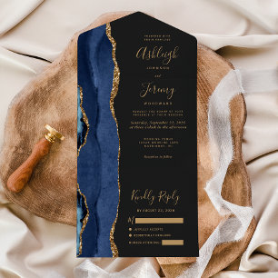 Invitation Tout En Un Marine moderne Blue Gold Agate Mariage foncé
