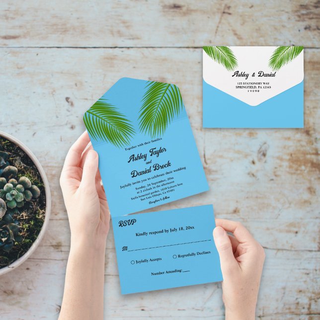 Invitation Tout En Un Marine Tropical Palm Leaf Blue Coastal Beach Maria (Créateur téléchargé)