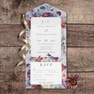 Invitation Tout En Un Maroon de Periwinkle et dîner floral rustique