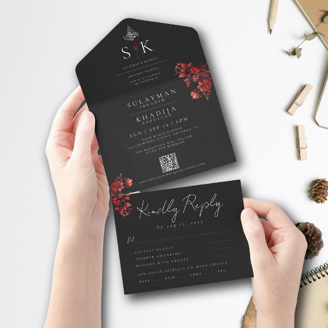 Invitation Tout En Un Maroon Minimal Élégant B&W Mariage musulman islami (Créateur téléchargé)
