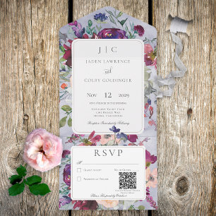 Invitation Tout En Un Maroon périphérique et code QR floral rustique