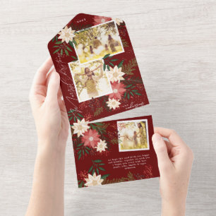 Invitation Tout En Un Maroon Poinsettia Photo Collage Joyeux Noël