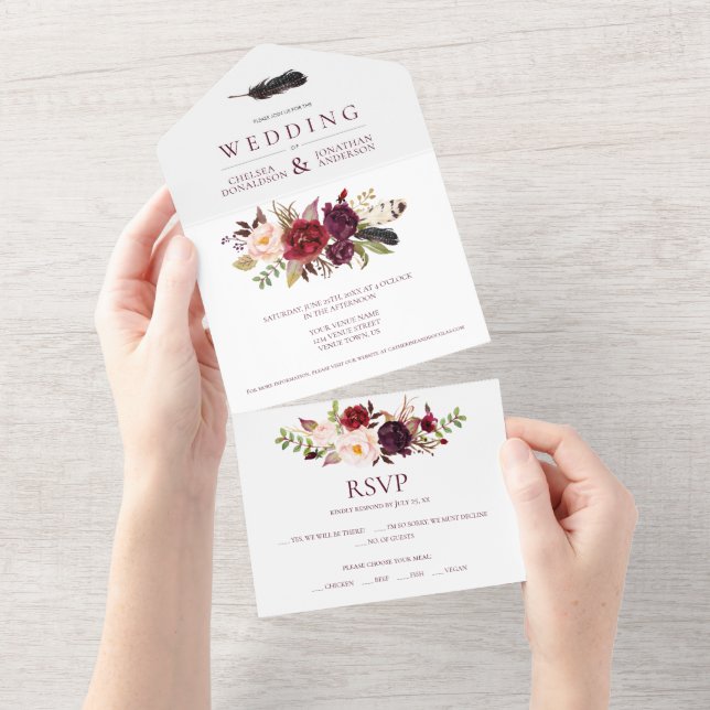 Invitation Tout En Un Marsala Bourgogne Rouge Boho Floral | (Déchirure)