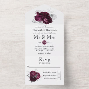 Invitation Tout En Un Marsala, Mariage Floral Noir et Argent