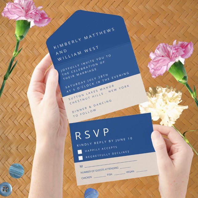 Invitation Tout En Un Marseille Bleu Mariage simple moderne RSVP (Marseille Bleu all in one invitation with a convenient RSVP card built right in)