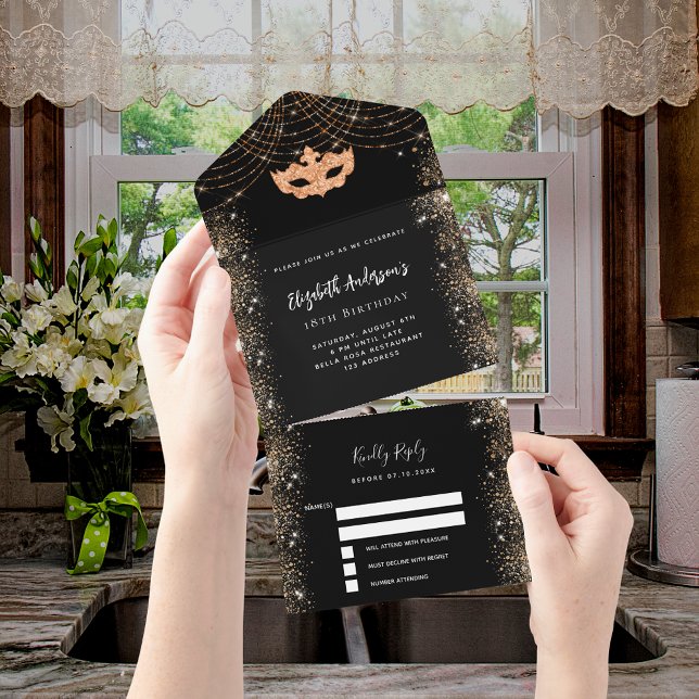 Invitation Tout En Un Mascarade anniversaire masque or noir RSVP (Créateur téléchargé)