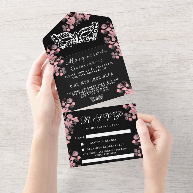 Invitation Tout En Un Mascarade Masque Cerisier Fleur Rose Quinceanera (Déchirure)