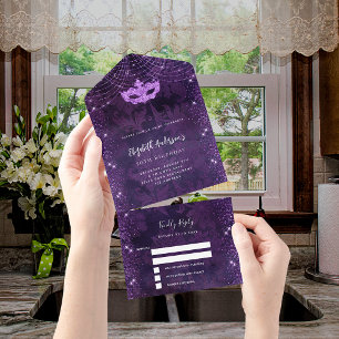 Invitation Tout En Un Masquerade fête anniversaire masque violet RSVP