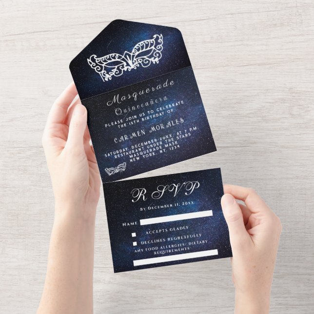 Invitation Tout En Un Masquerade Masque Galaxy Blue Stars Quinceanera (Déchirure)