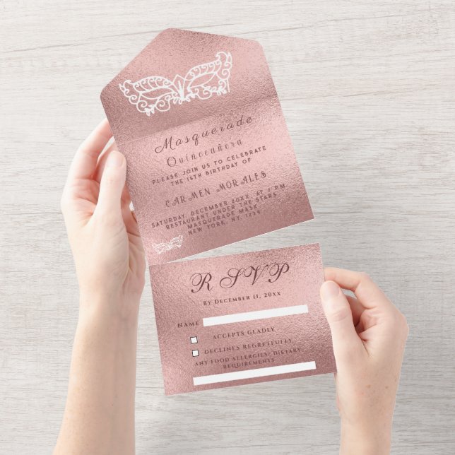 Invitation Tout En Un Masquerade Masque Rose or rose Parties scintillant (Déchirure)