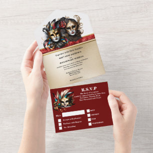 Invitation Tout En Un Masques de visage mariage de carnaval en or rouge