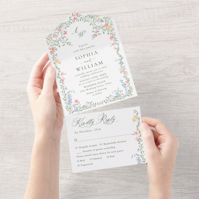 Invitation Tout En Un Meadow Pastel Français Rose Floral Mariage (Déchirure)
