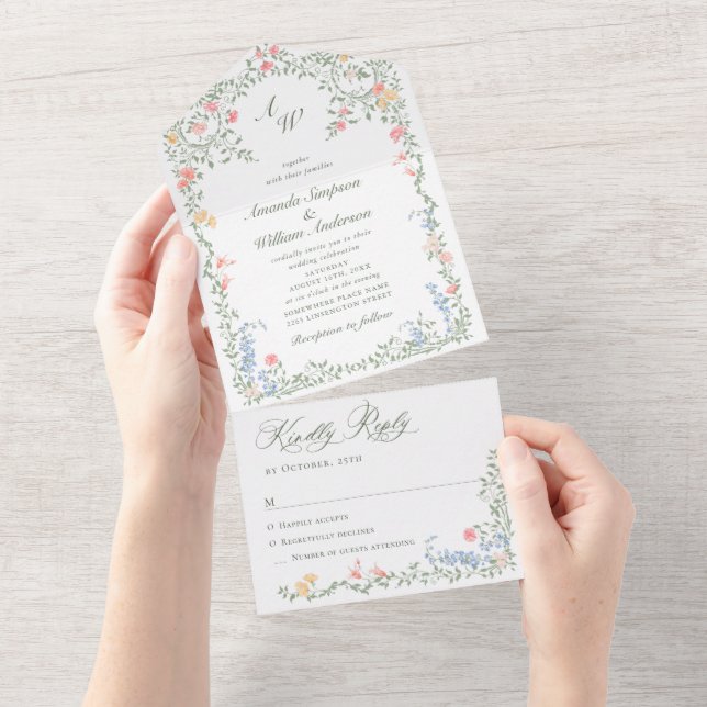 Invitation Tout En Un Meadow Pastel Français Rose Floral Mariage (Déchirure)