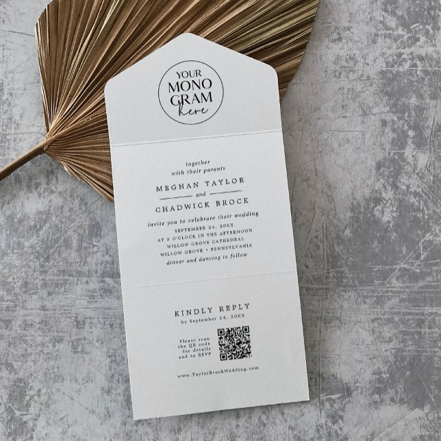 Invitation Tout En Un MEGHAN Black White QR Code Monogramme Mariage mode (MEGHAN Black White QR Code Monogram Modern Wedding All In One Invitation)
