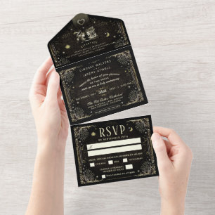 Invitation Tout En Un MENU Mariage Halloween Tarot noir & or