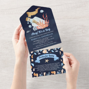 Invitation Tout En Un Message dans une bouteille Baby shower bleu marine