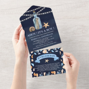 Invitation Tout En Un Message Vintage dans une Bouteille Baby Shower Ble