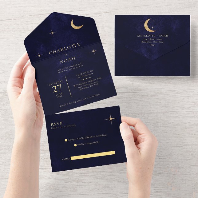 Invitation Tout En Un Midnight Blue Celestial Gold Moon Stars Mariage (Créateur téléchargé)