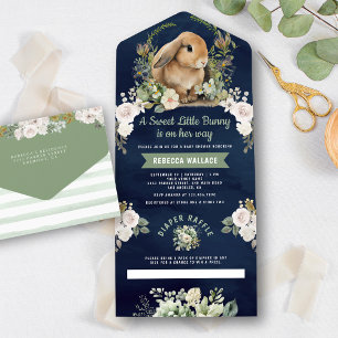 Invitation Tout En Un Mignonne Lapin Sage Vert Floral Marine Baby shower