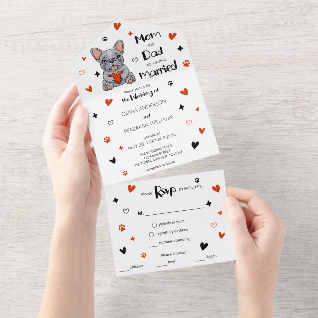 Invitation Tout En Un Mignonne Whimsical Français Bulldog Mariage (Déchirure)
