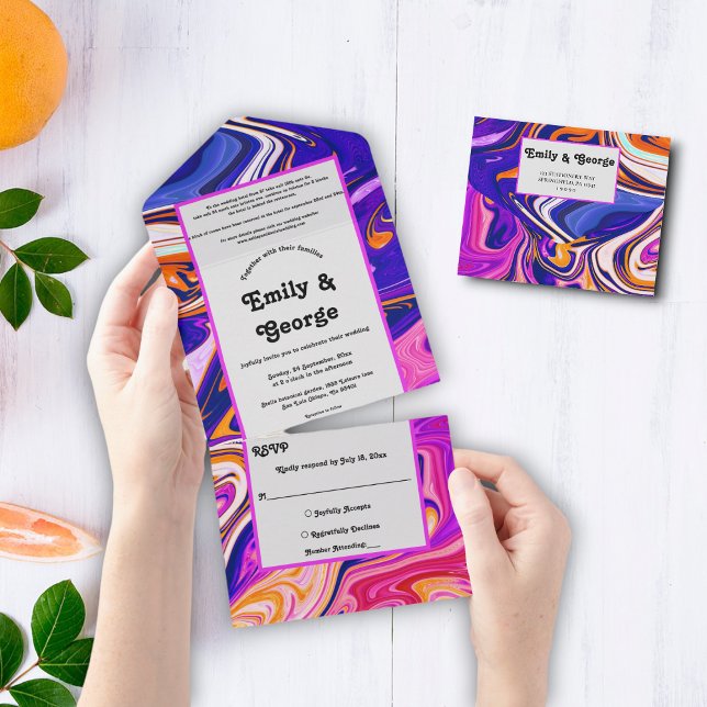 Invitation Tout En Un Minimal bleu Mauve Orange Galaxy Abstrait Mariage (Créateur téléchargé)