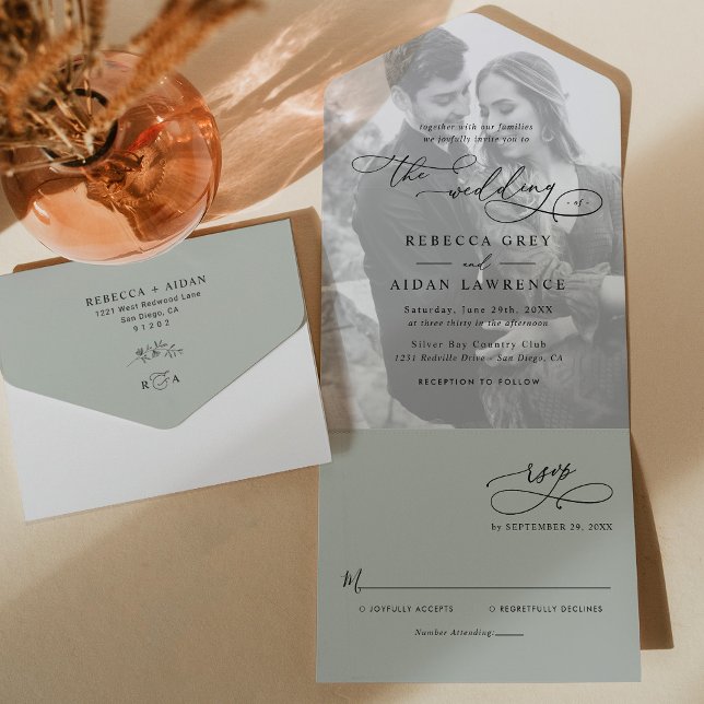 Invitation Tout En Un Minimal Rustic Sage Green Photo Wedding (Créateur téléchargé)