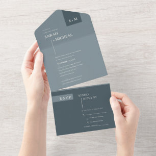 INVITATION TOUT EN UN MINIMAL SCANDI DUSKY GRAY BLUE MONOGRAM MARIAGE