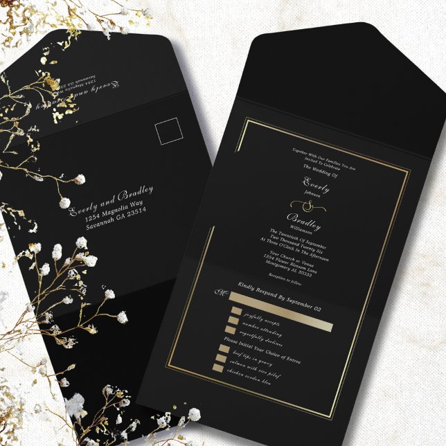 Invitation Tout En Un Minimalist Black Background Gold Frame Wedding (Créateur téléchargé)