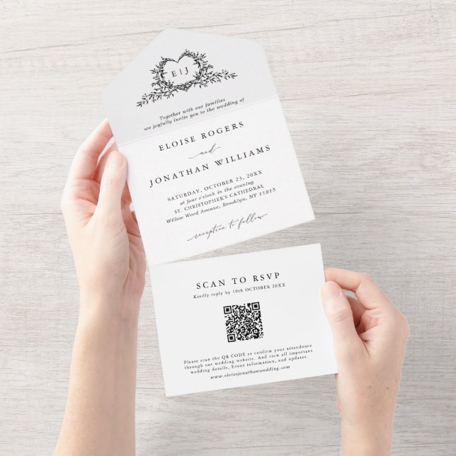 Invitation Tout En Un Minimalist Calligraphy Crest monogram QR Code (Déchirure)