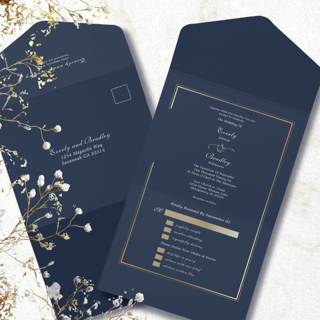 Invitation Tout En Un Minimalist Navy Background Gold Frame Wedding  (Créateur téléchargé)